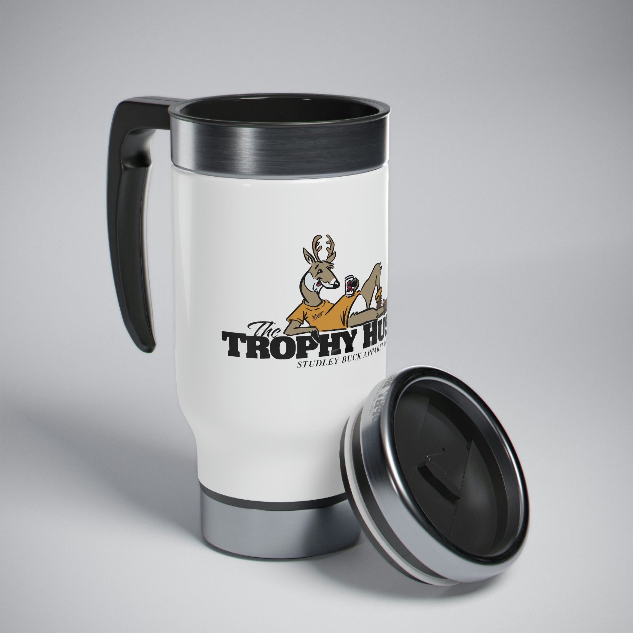 Studley Buck: Trophy Husband Stainless Steel Travel Mug with Handle, 14oz