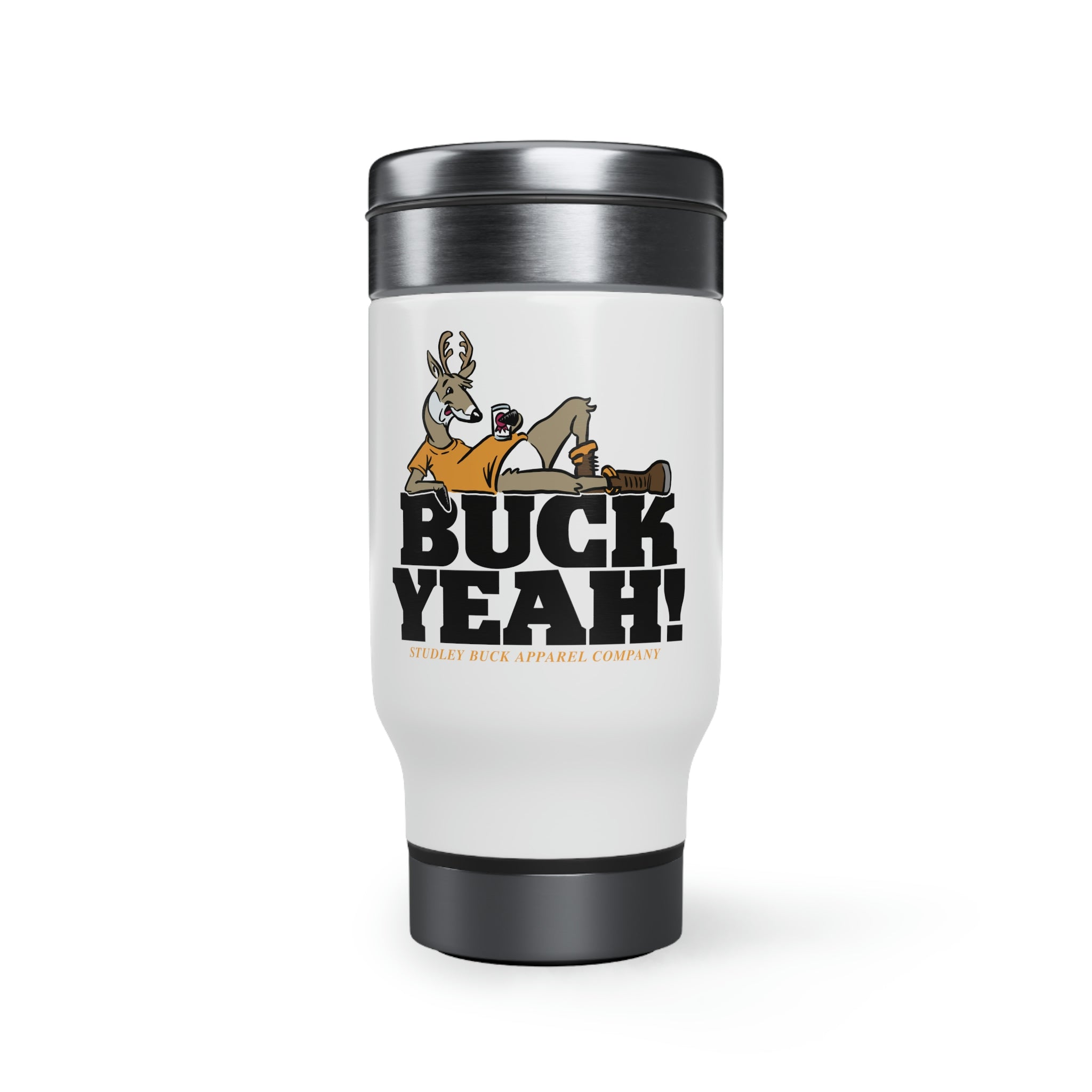 Studley Buck: Buck Yeah! Stainless Steel Travel Mug with Handle, 14oz