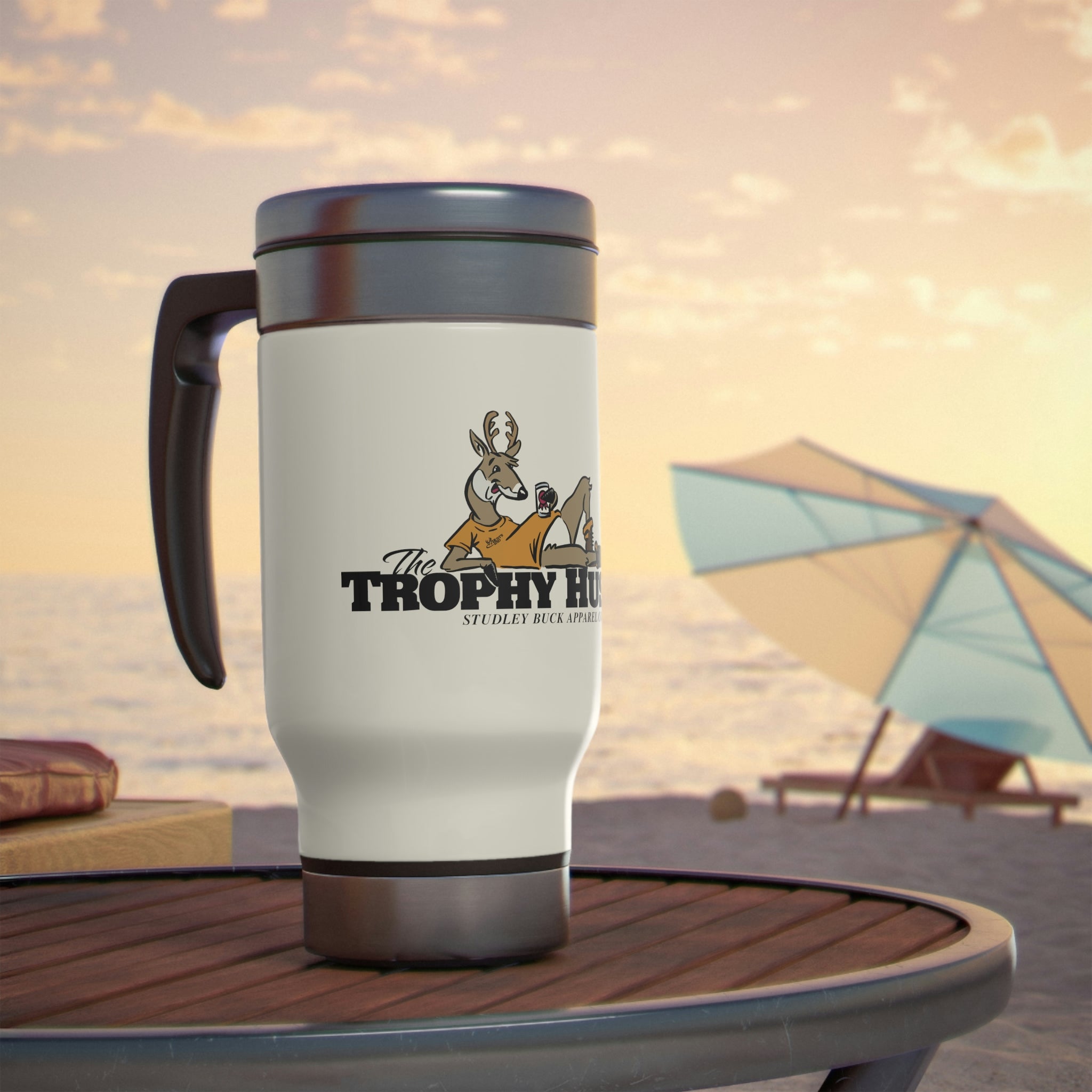 Studley Buck: Trophy Husband Stainless Steel Travel Mug with Handle, 14oz