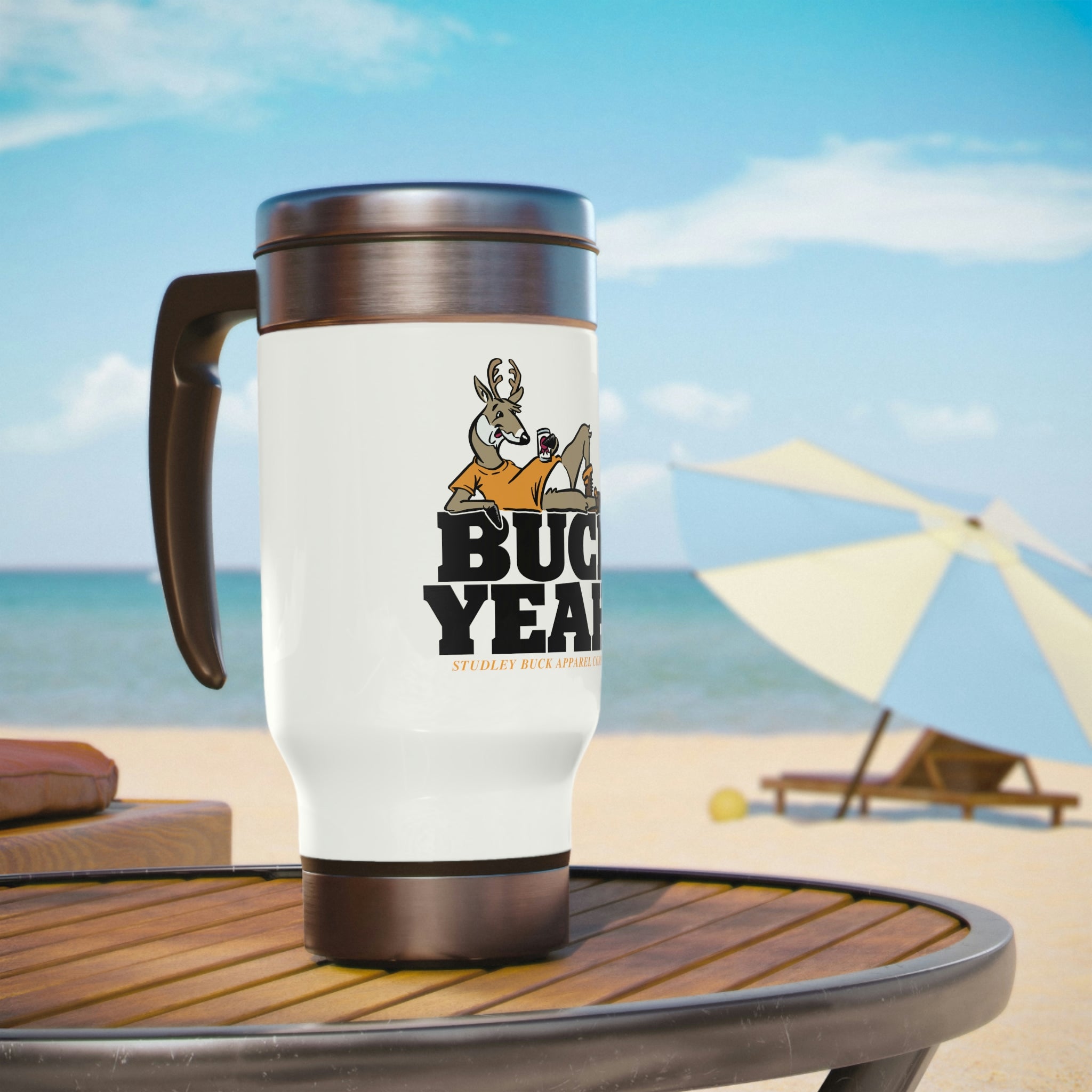 Studley Buck: Buck Yeah! Stainless Steel Travel Mug with Handle, 14oz