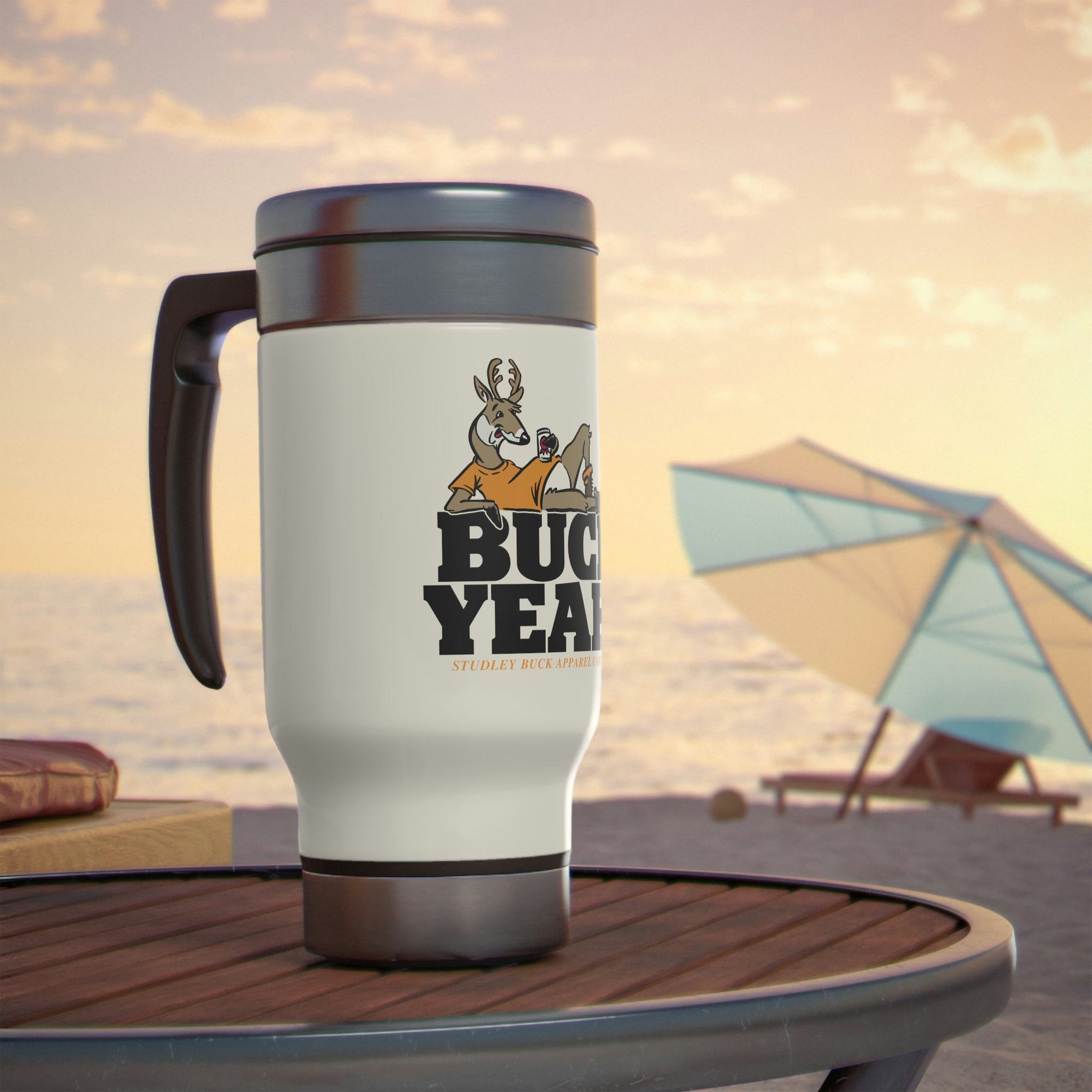 Studley Buck: Buck Yeah! Stainless Steel Travel Mug with Handle, 14oz