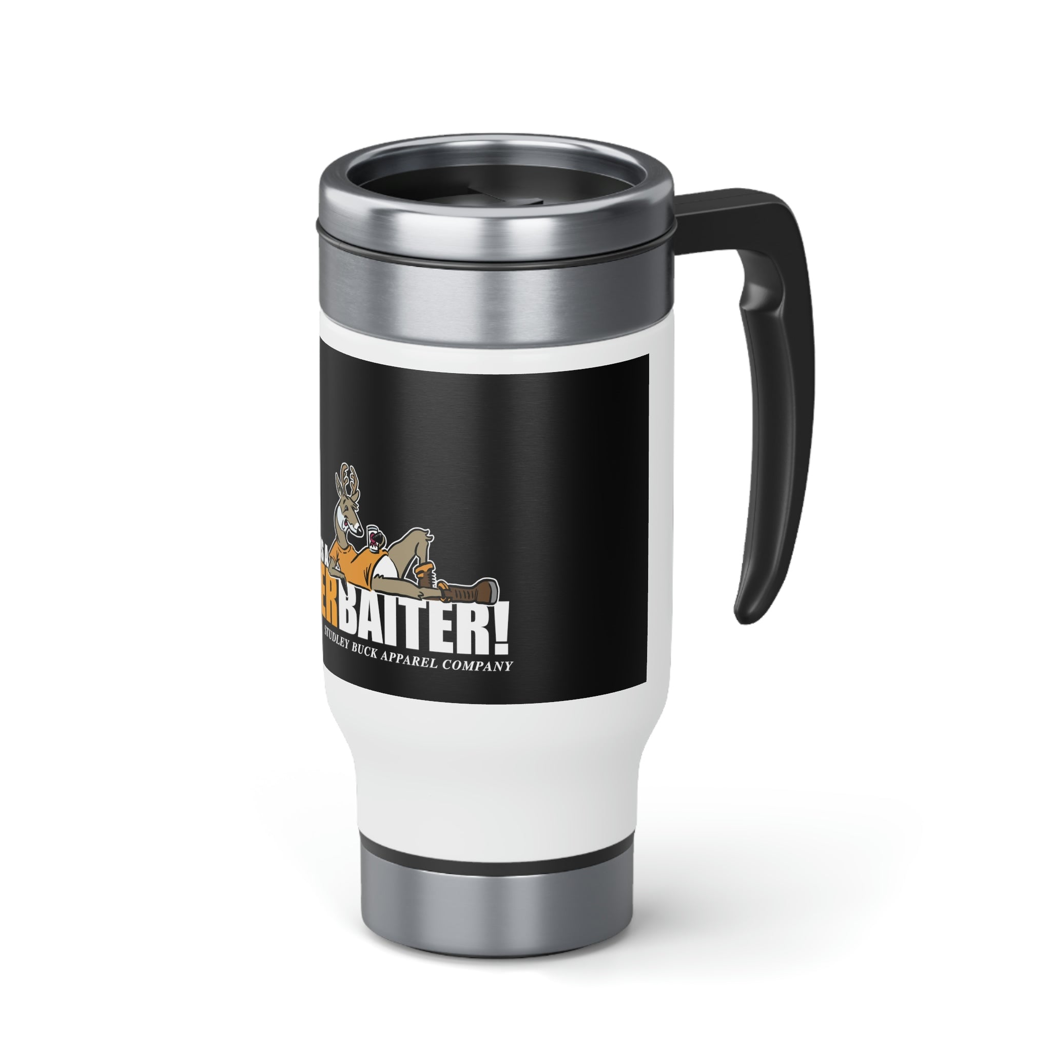 Studley Buck: My Neighbor is a MasterBaiter! Stainless Steel Travel Mug with Handle, 14oz