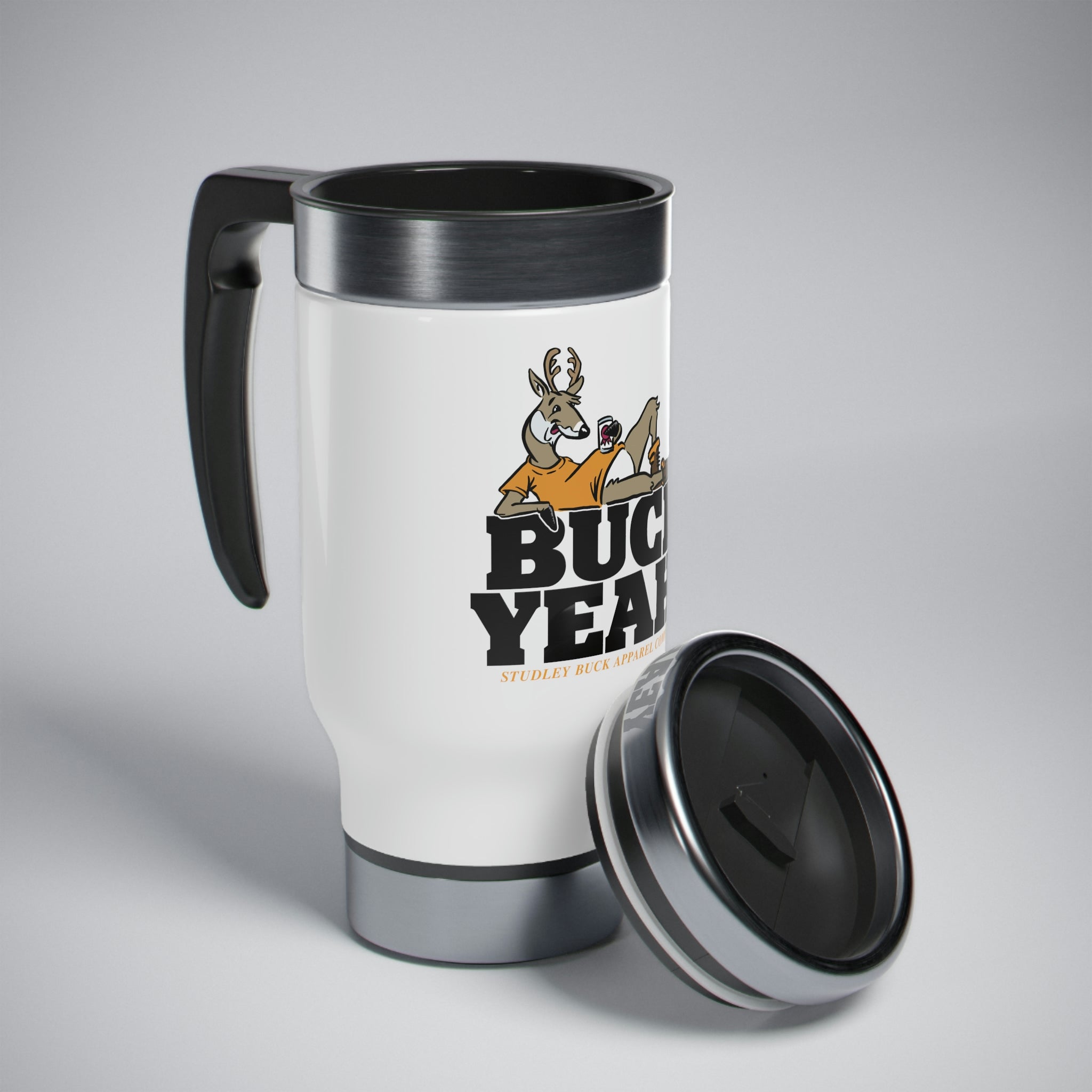 Studley Buck: Buck Yeah! Stainless Steel Travel Mug with Handle, 14oz